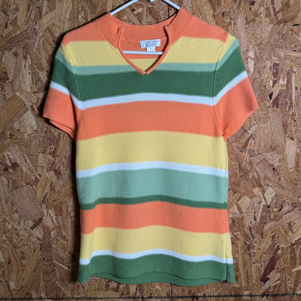 VTG Christopher Banks Knit Top Tropical Colorful Striped Minimalist Simplistic M